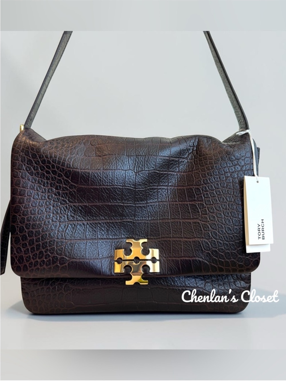 NWT Tory Burch LARGE CHARLIE RUNWAY CROC-EMBOSSED SHOULDER BAG